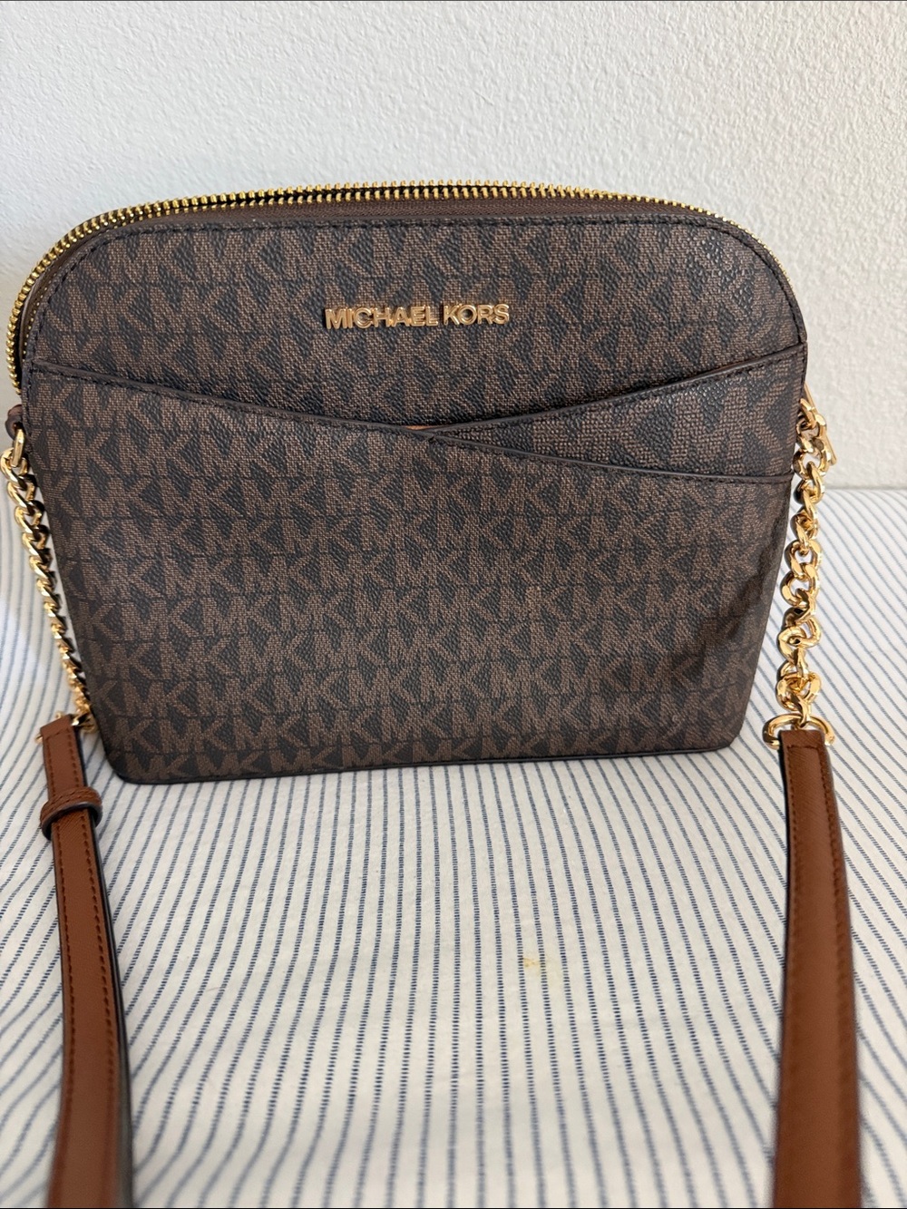 Michael Kors Brown Logo-Print Crossbody with Gold Hardware